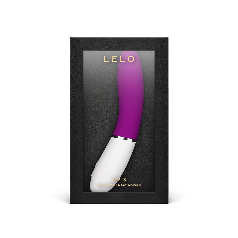 Schwarze Verpackung mit Vibrator. Lila-weißer Vibrator durch Fenster sichtbar. Marke LELO.