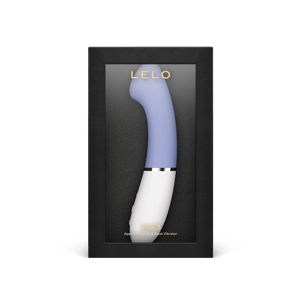 Schwarze Verpackung mit Sichtfenster. Vibrator blau-weiß sichtbar. Marke LELO.
