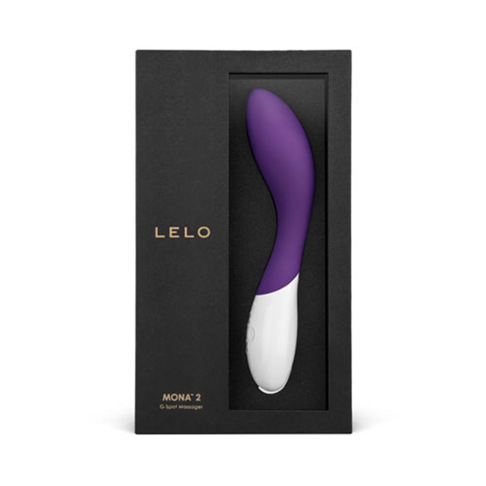 Verpackung mit Vibrator. Schwarze Schachtel mit Sichtfenster. Produktname: LELO MONA 2.
