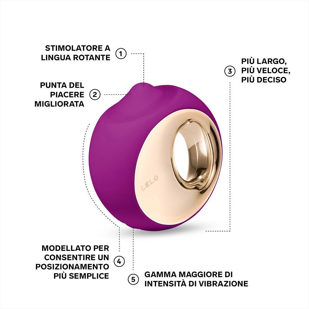 Lila-goldener Stimulator. Beschriftung: Zungenstimulator, verbesserte Spitze, mehr Intensität.