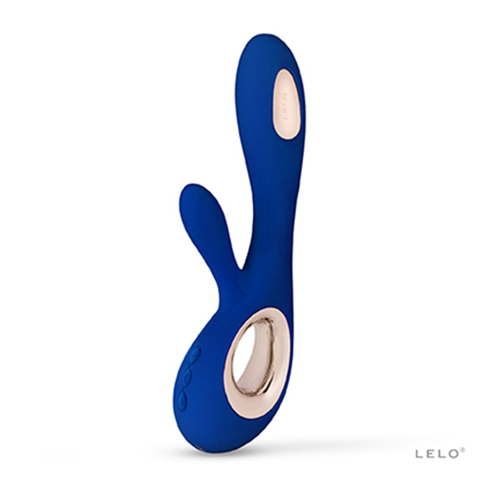 Vibratore blu con dettagli dorati. Design ergonomico con due aree di stimolazione.