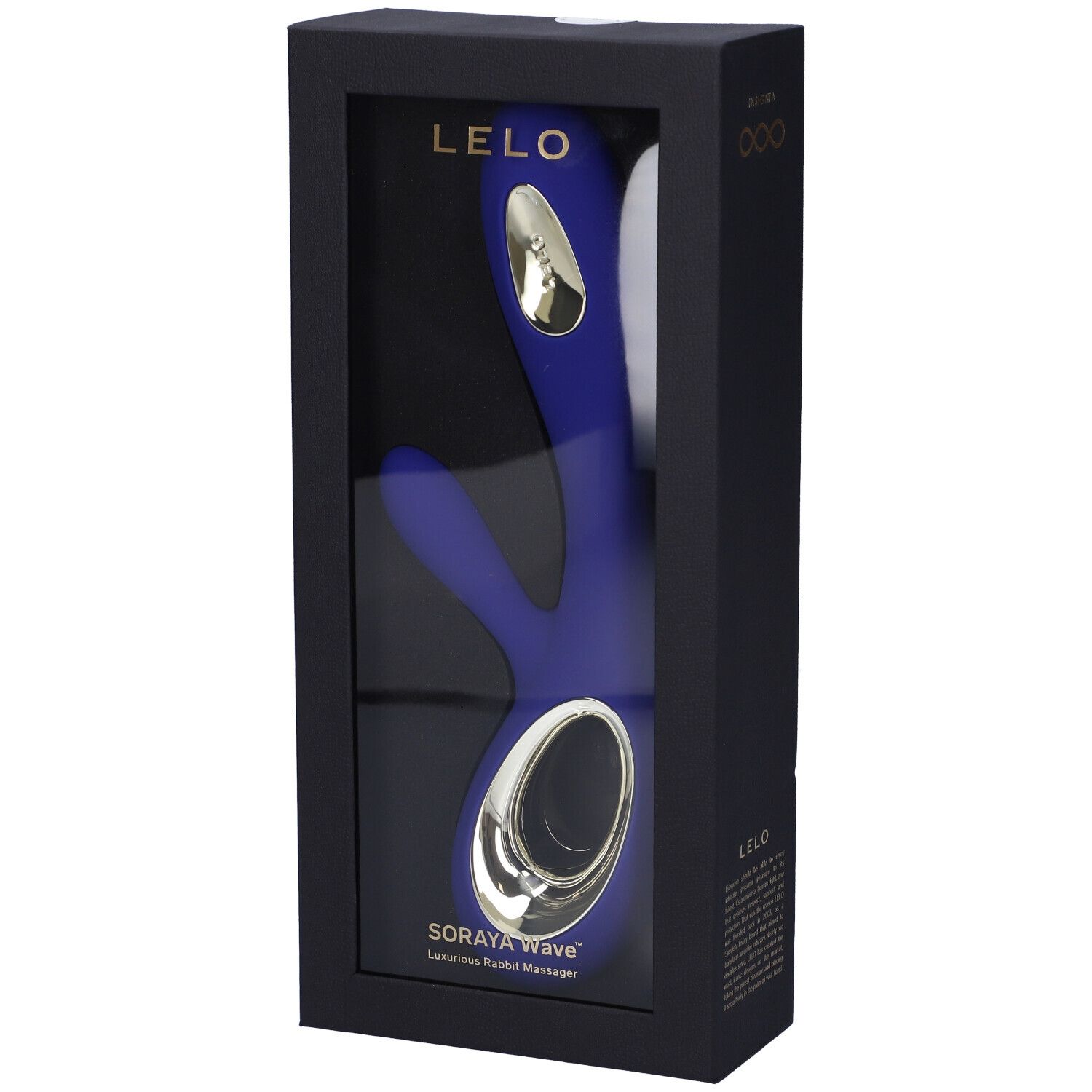 Confezione nera con finestra. Vibratore blu con dettagli dorati visibile.