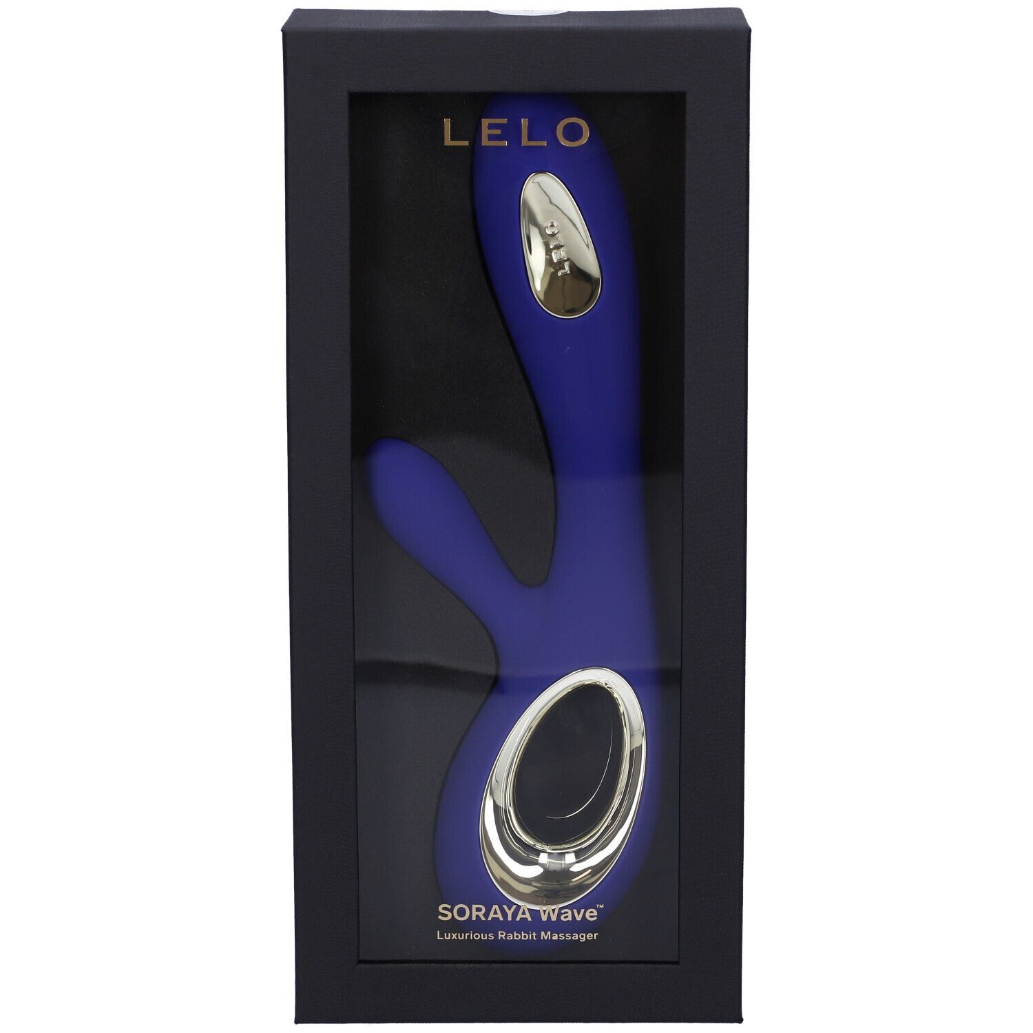 Confezione nera con finestra. Vibratore blu con dettagli dorati visibile.