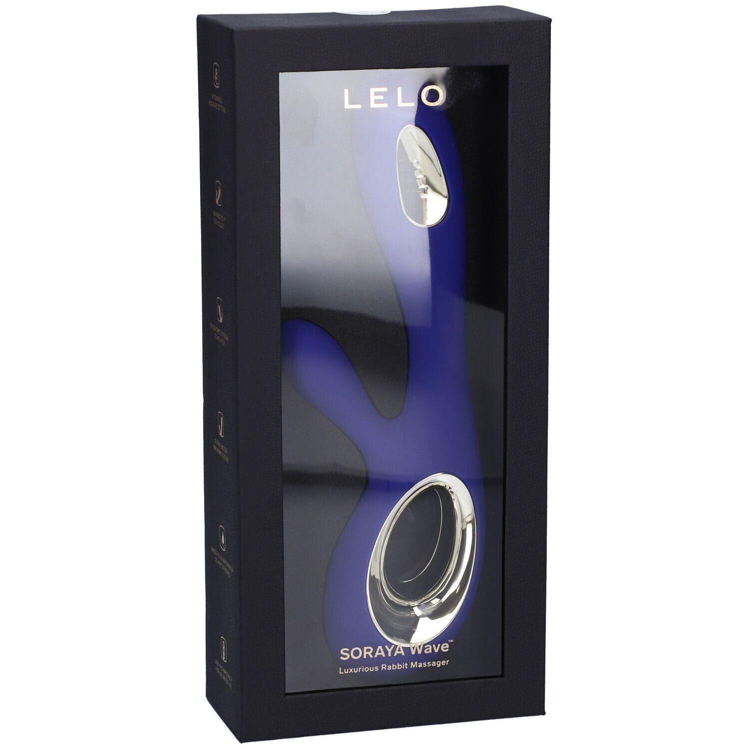 Confezione nera con finestra. Vibratore blu con dettagli dorati visibile.