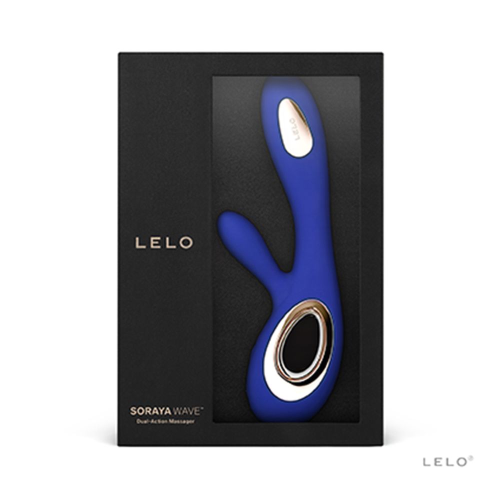 Confezione nera con finestra. Vibratore blu con dettagli dorati visibile.