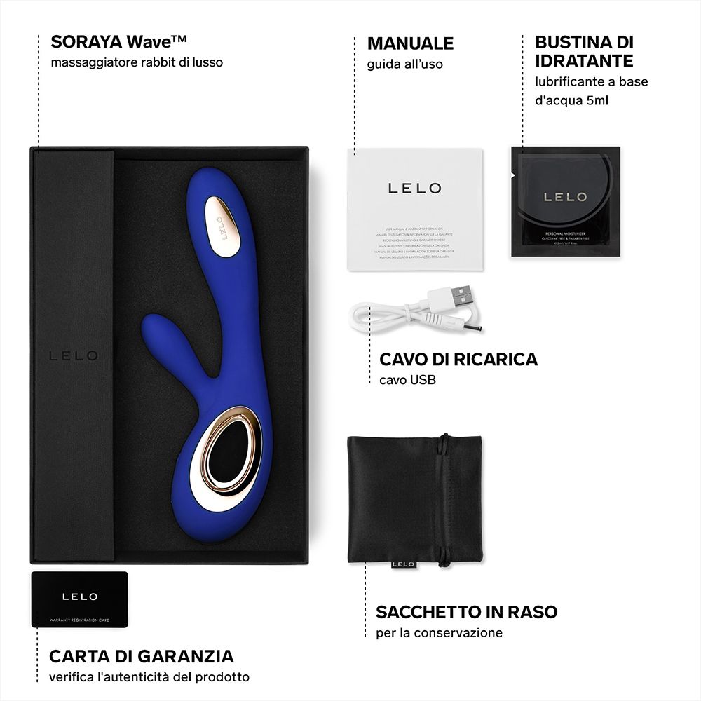 Contenuto: vibratore, cavo USB, lubrificante, carta garanzia, sacchetto.
