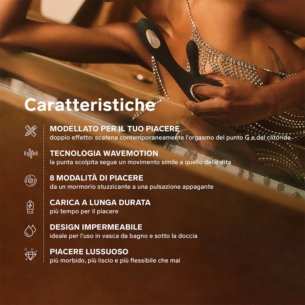 Infografica con caratteristiche: tecnologia Wavemotion, 8 modalità, impermeabile, lussuoso.