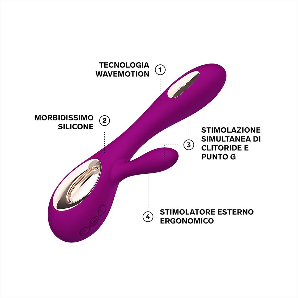 Lila Vibrator mit goldfarbenen Akzenten. Beschriftung: Wavemotion, Silikon, Stimulation.