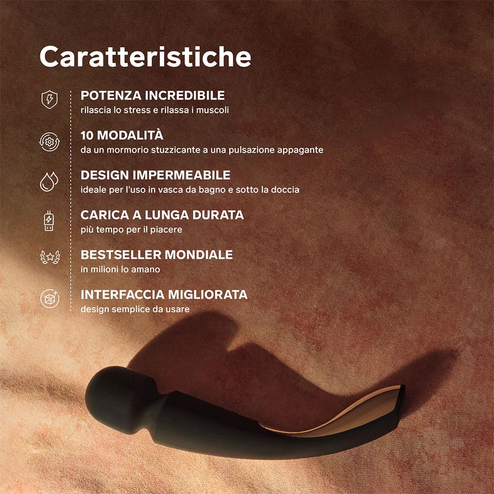 Produktmerkmale auf braunem Hintergrund. Text in Italienisch. Zeigt Vorteile des Produkts.