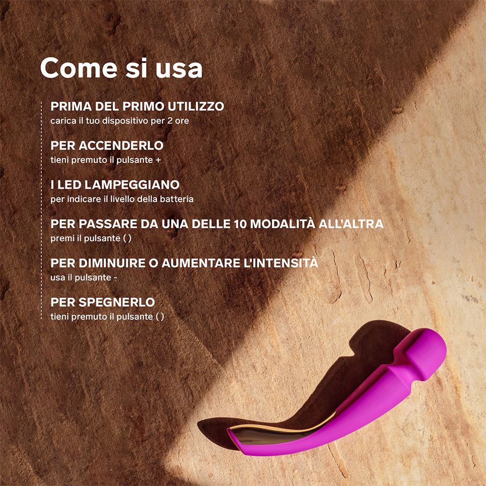 Anleitung zur Verwendung. Wand in Pink. Text in italienischer Sprache.