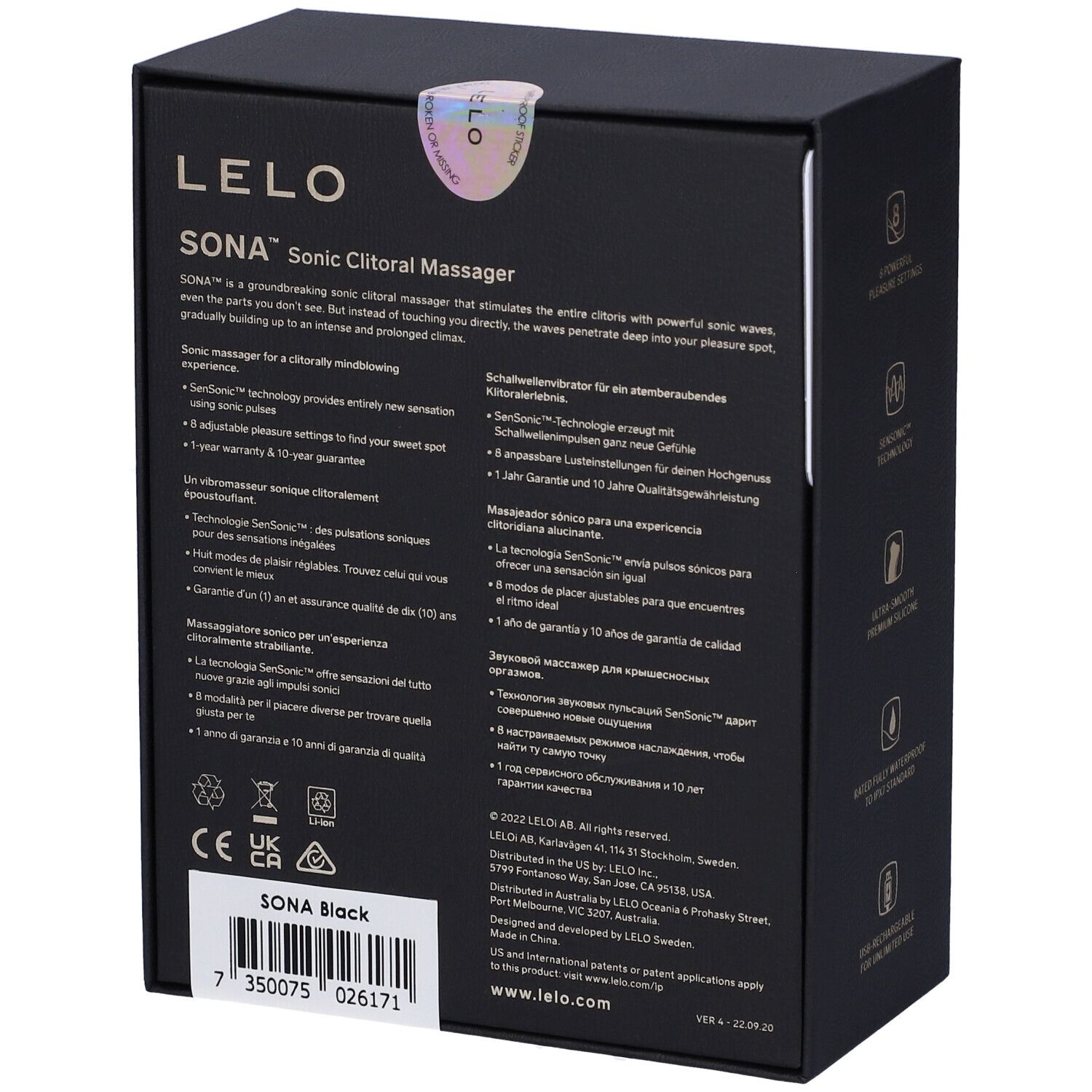 Confezione nera. Testo: LELO, Sona, descrizione, marchio CE, sito web.