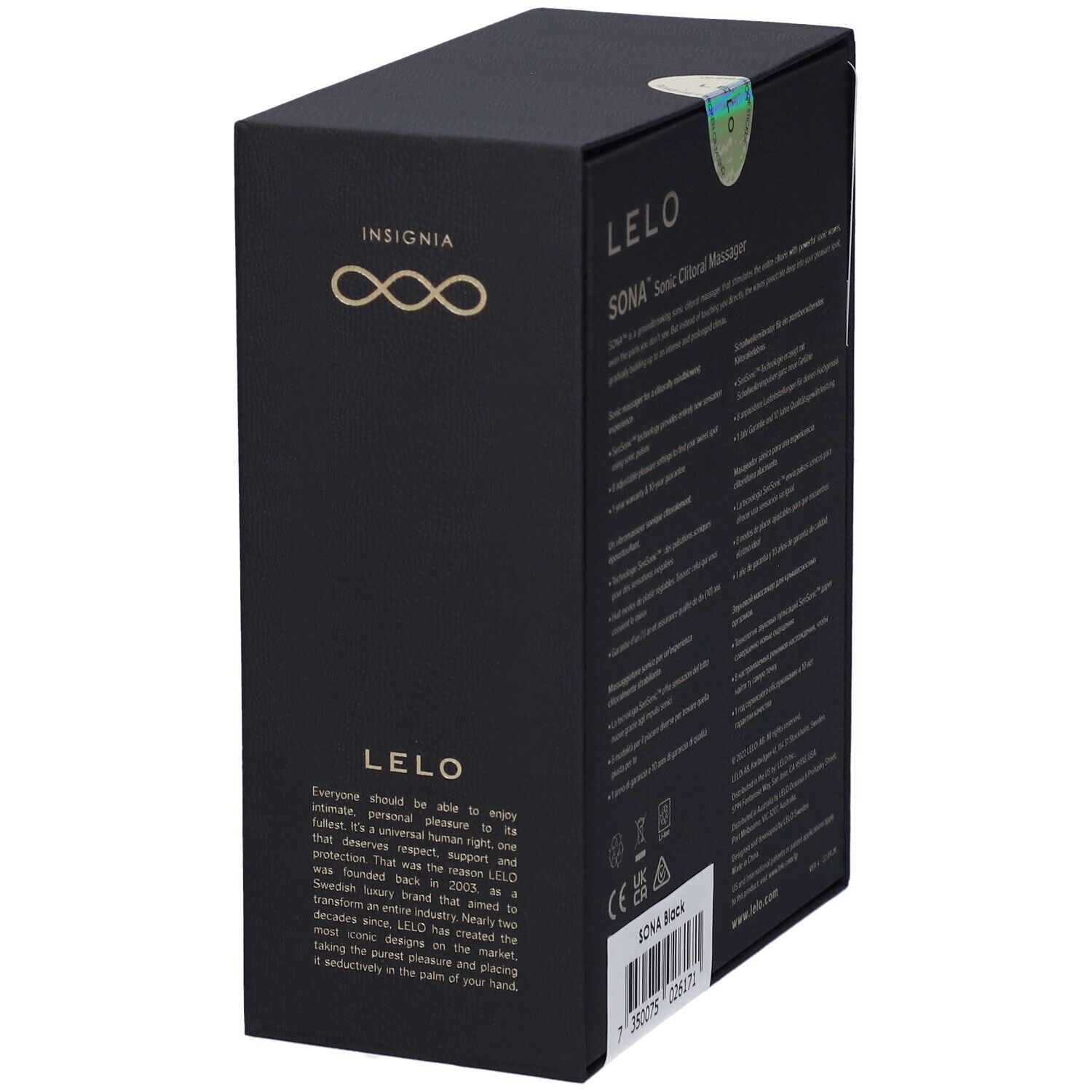Confezione nera. Testo: LELO, descrizione, marchio CE, sito web.
