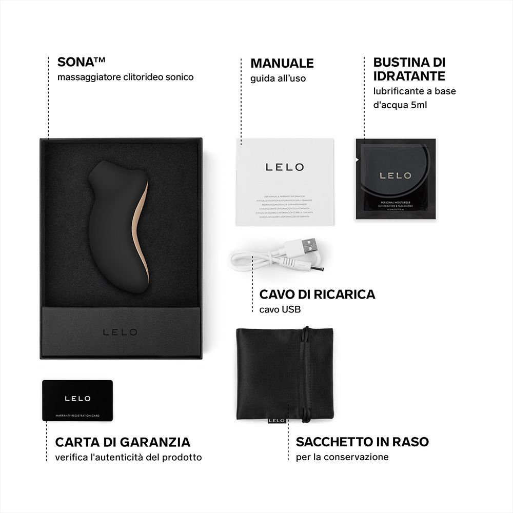 Contenuto confezione: prodotto benessere, manuale, lubrificante, cavo USB, sacchetto, garanzia.