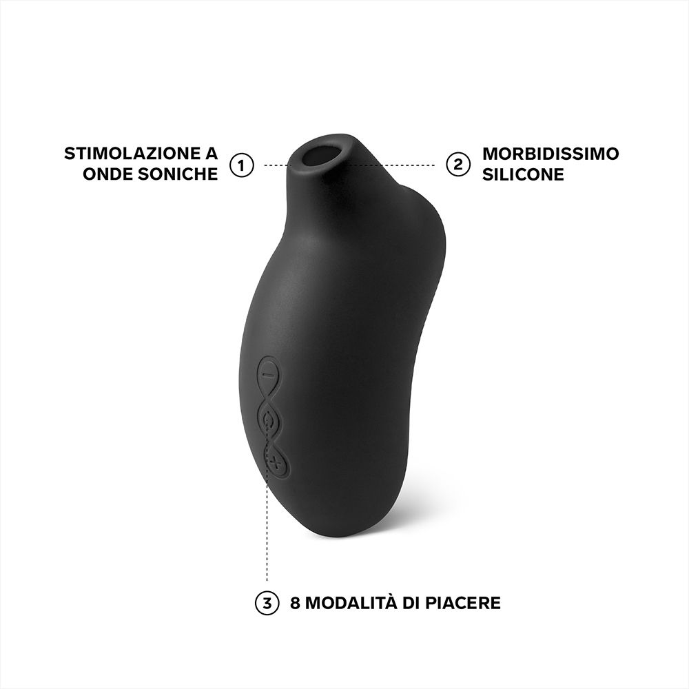 Dispositivo nero con tre pulsanti. Scritte: 8 modalità, silicone morbido, onde sonore.