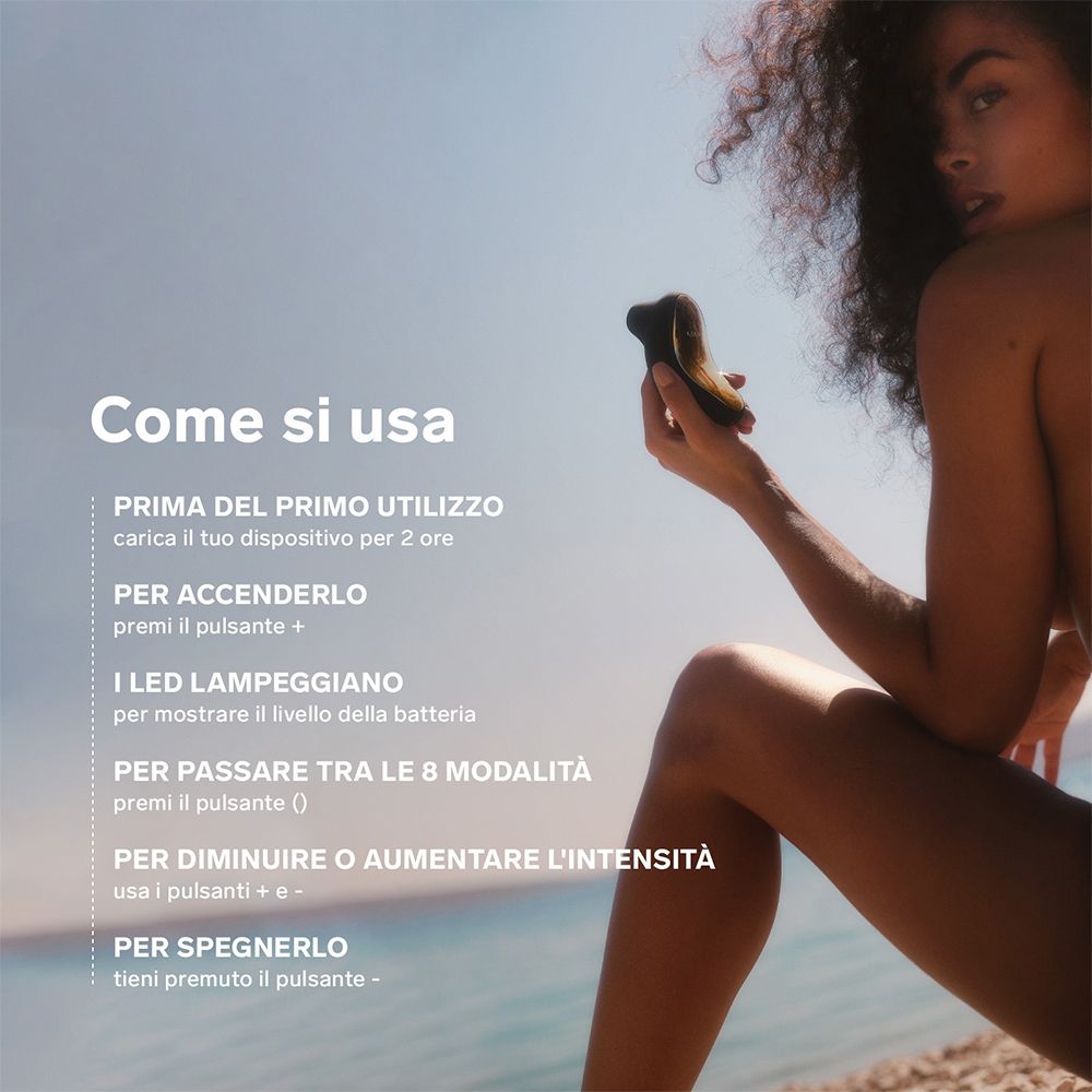 Donna tiene dispositivo benessere. Testo: uso, ricarica, modalità, intensità, spegnimento.