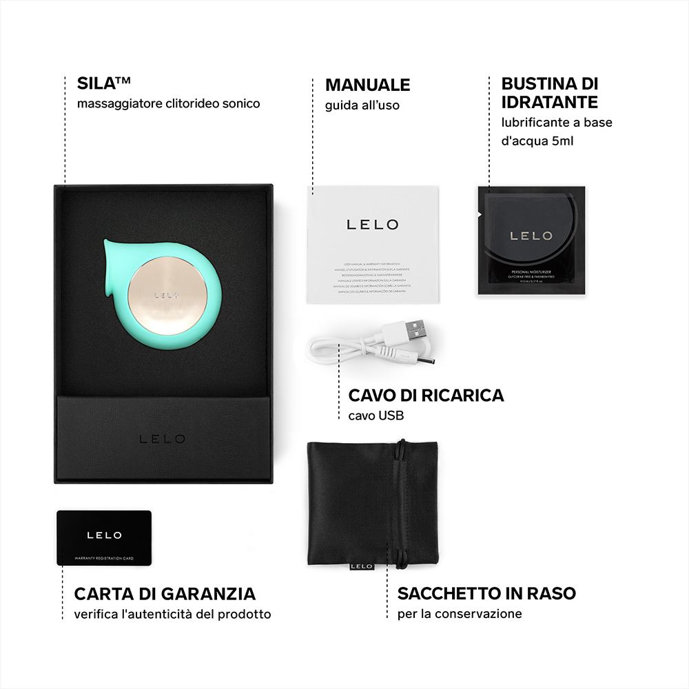 Confezione aperta con vibratore, cavo USB, sacchetto, garanzia e lubrificante.