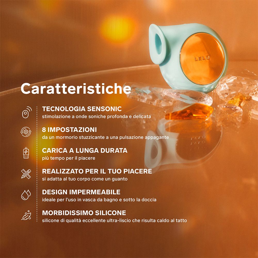 Vibratore turchese, base rotonda. Testo: Caratteristiche, tecnologia Sensonic.