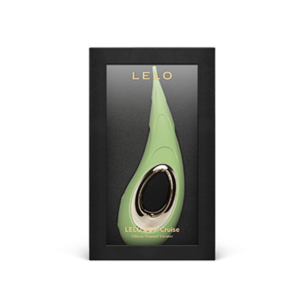 Vibrator in schwarzer Schachtel mit Sichtfenster. Produktname: LELO DOT Cruise. Farbe: Pistachio Cream.