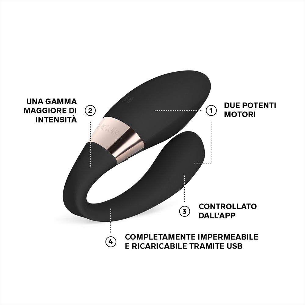 Schwarzes Wellness-Produkt mit Beschriftungen. Zwei Motoren, größere Intensität, wasserdicht, USB-Aufladung.