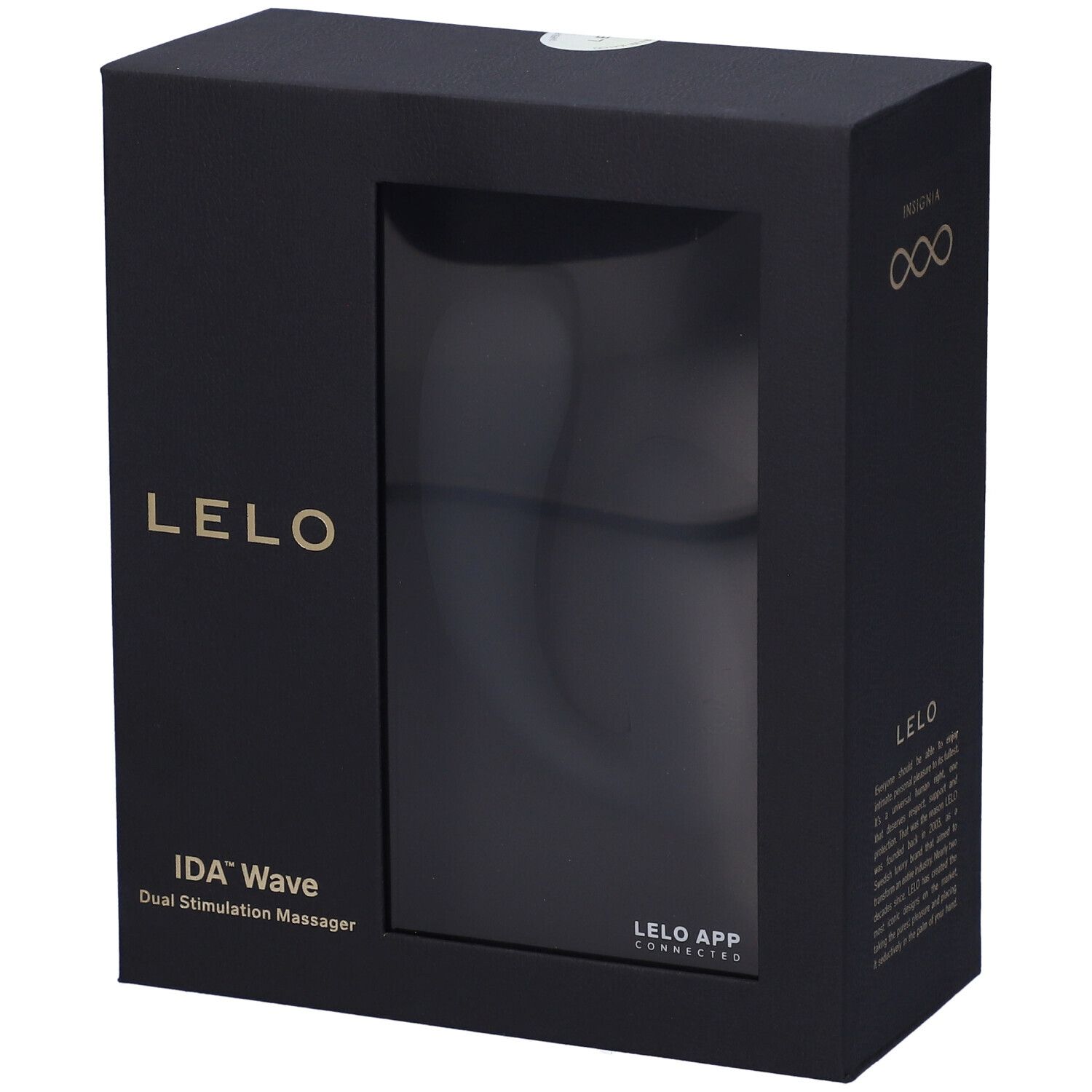 Confezione prodotto nera con finestra. Prodotto visibile nella confezione. Marchio LELO.