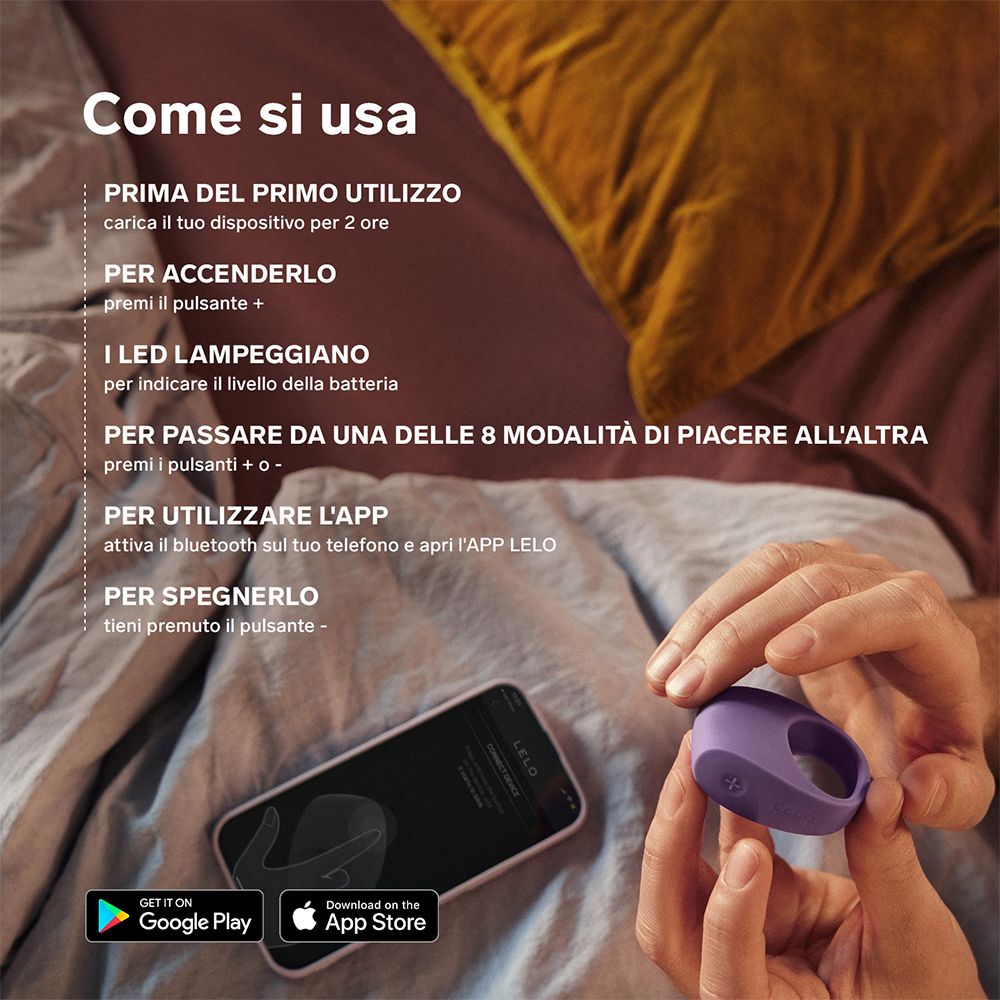 Lila Ring und Smartphone. Anweisungen zur Verwendung: Einschalten, Modi wechseln, App nutzen.