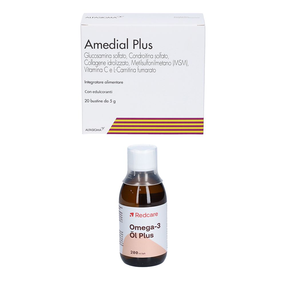 Confezione Amedial Plus e bottiglia Redcare Omega-3 Olio Plus. Entrambi i prodotti su sfondo bianco.