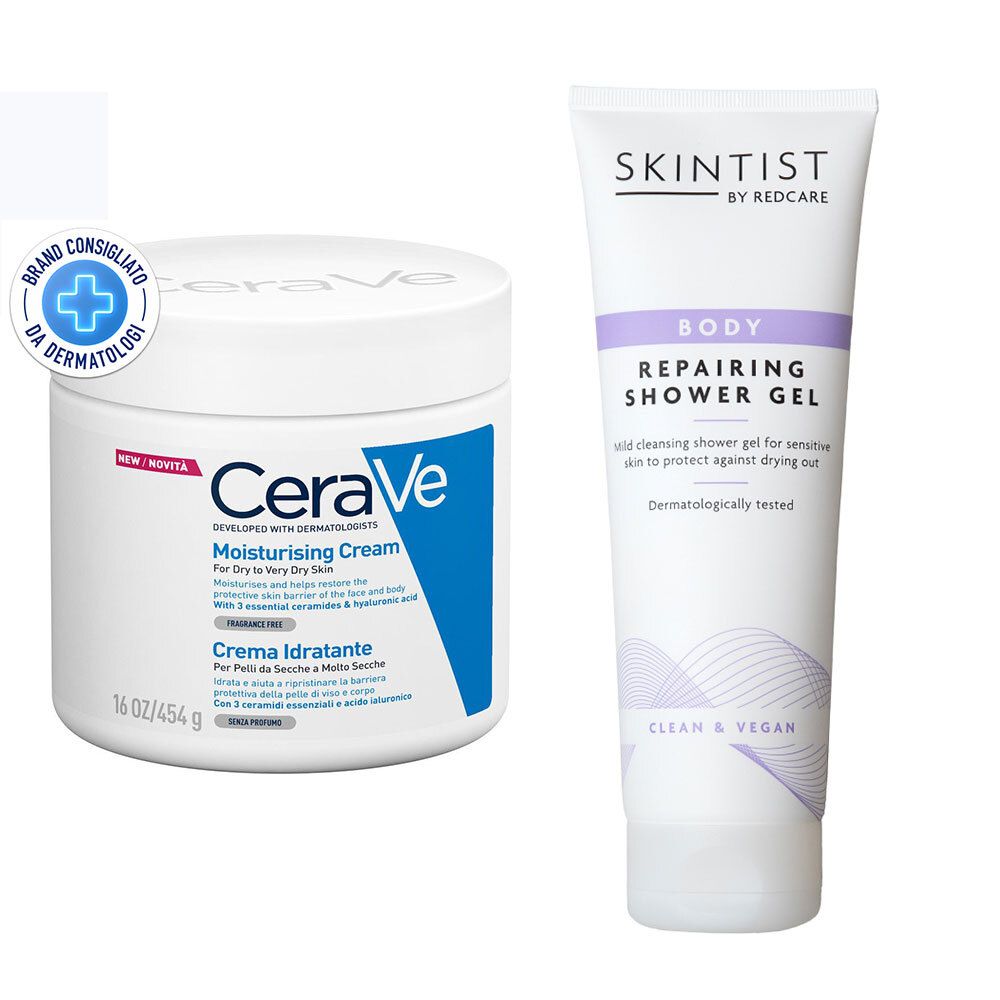 Due prodotti per la cura del corpo. A sinistra, crema CeraVe in barattolo bianco. A destra, gel doccia Skintist in tubo.