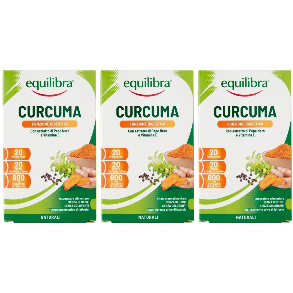 Tre confezioni di CURCUMA. Ogni confezione mostra il marchio Equilibra, informazioni sul prodotto e illustrazioni degli ingredienti.