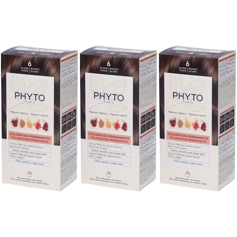 Tre confezioni di tinta per capelli. Ogni confezione riporta "PHYTO PARIS" e "Coloration Permanente". Il colore è "6 Biondo Scuro".