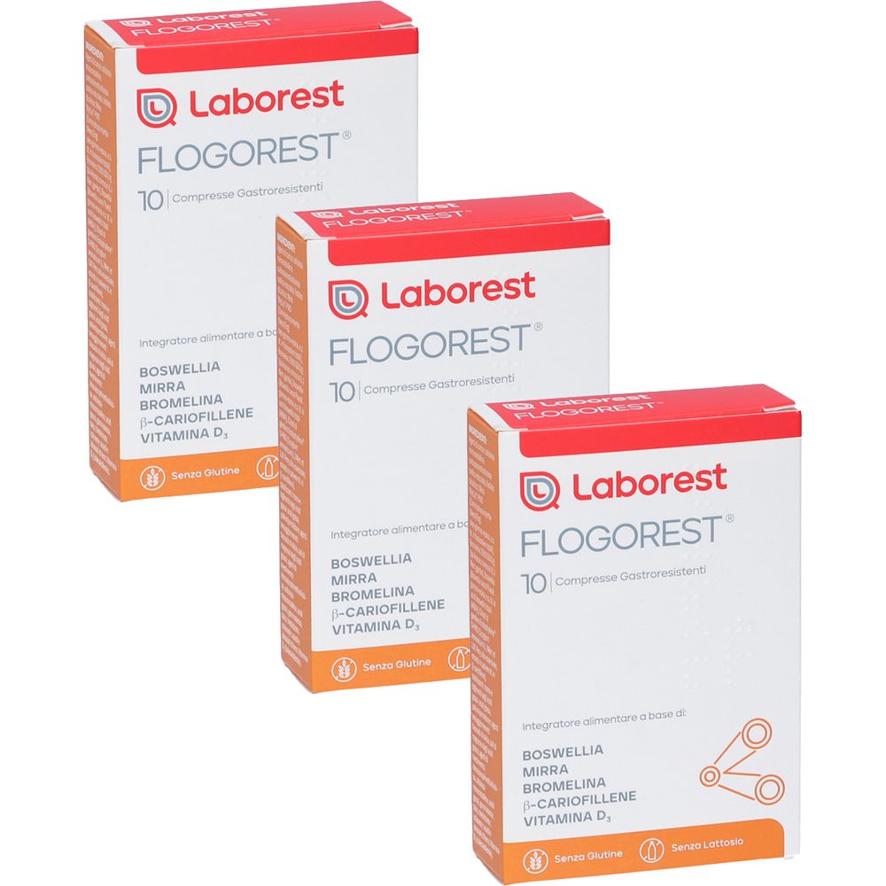 Tre scatole di Laborest Flogorest. Ogni scatola ha la parte superiore rossa e i lati bianchi con informazioni sul prodotto e il marchio.