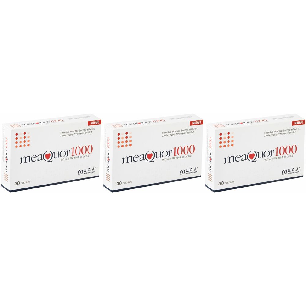 Tre scatole bianche con testo rosso e nero. Scritto: meaquor 1000, 30 capsule.