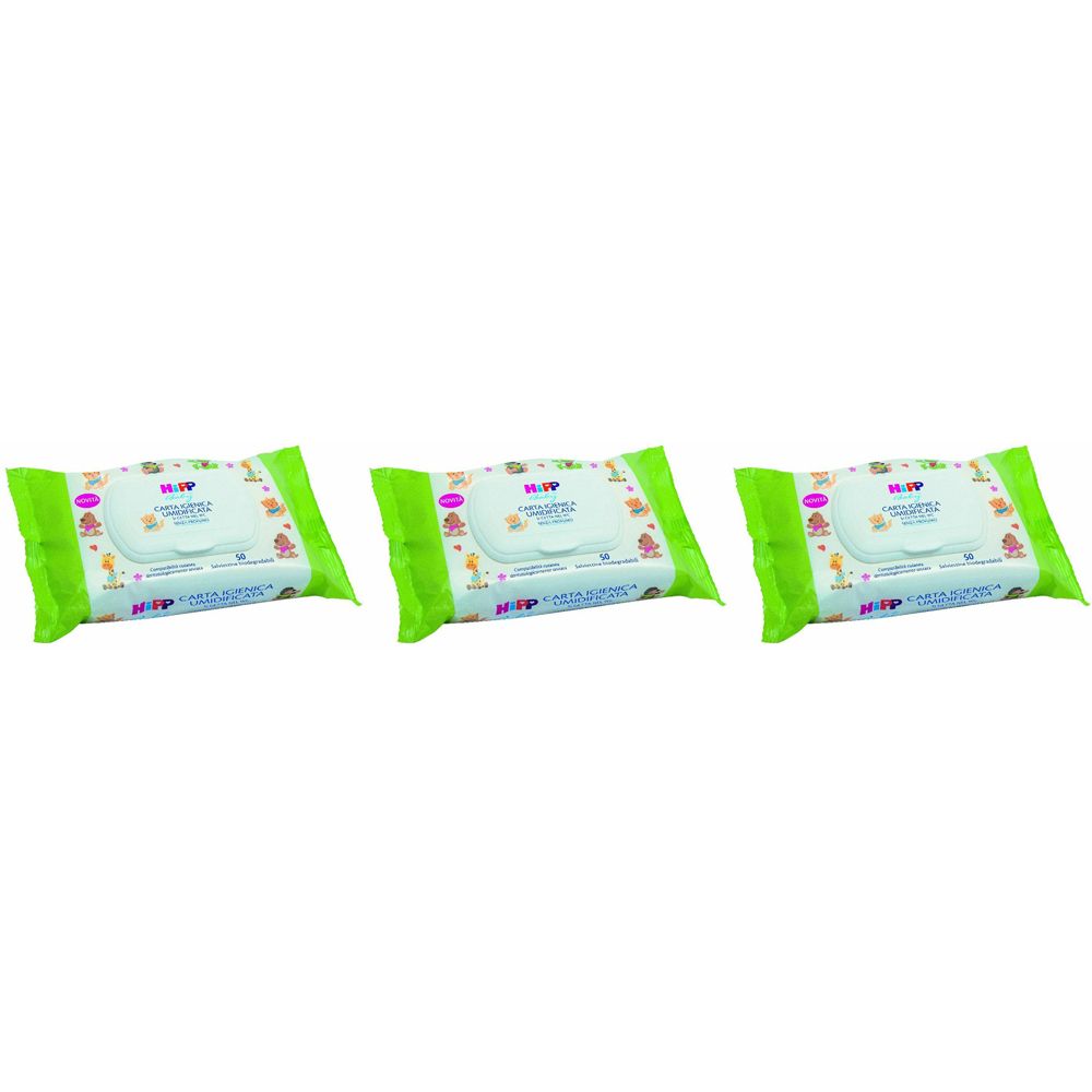 Tre confezioni di salviettine umidificate HiPP. Confezione bianca con bordo verde e stampa. Loghi e nomi dei prodotti visibili.
