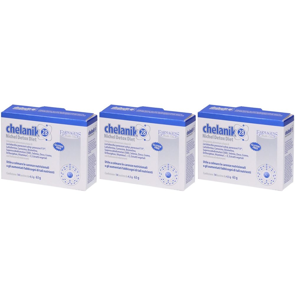 Tre confezioni di Chelanik 28, Michel Detox Diet. Confezione blu e bianca con informazioni e logo del prodotto.