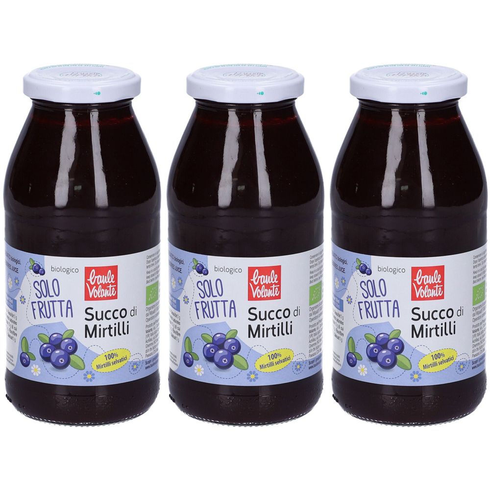 Tre bottiglie di vetro con succo rosso scuro. Etichette con testo: Solo Frutta, Succo di Mirtilli. Tappi bianchi. Certificazione biologica.