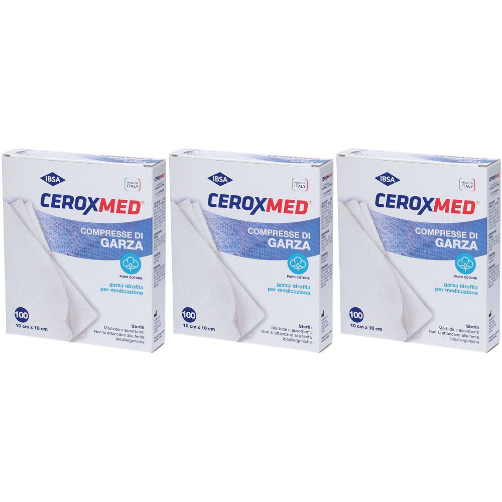 Ceroxmed Compresse di Garza in Puro Cotone 10 cm x 10 cm Set da 3