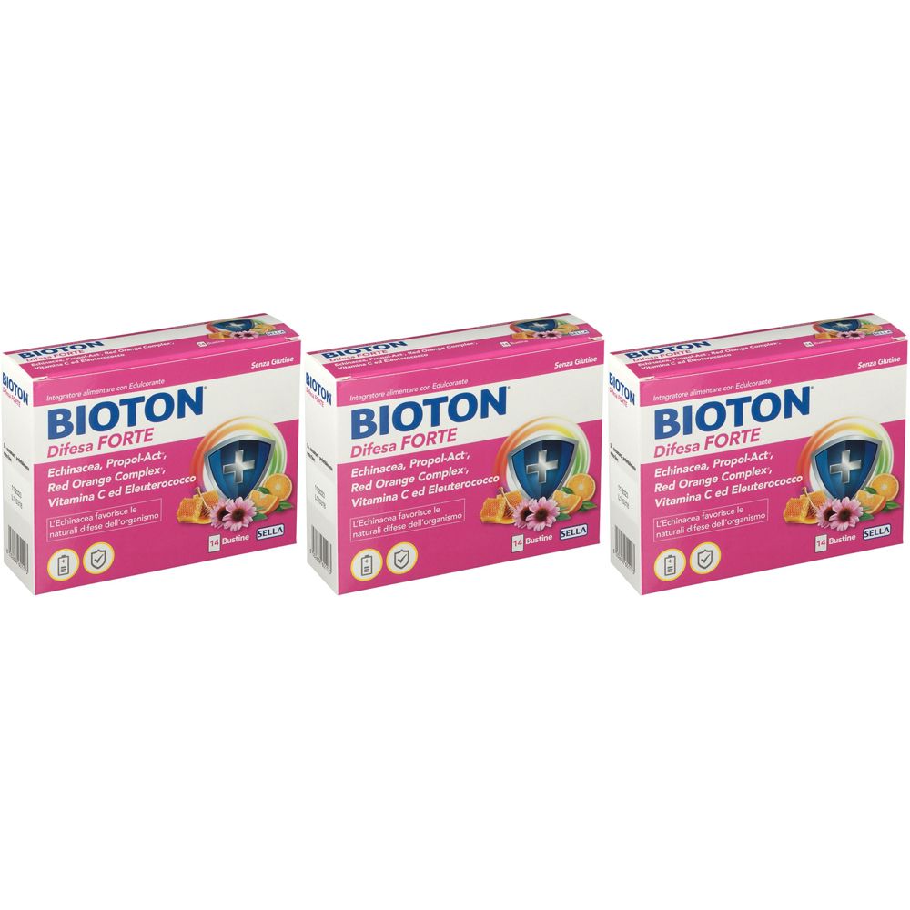 Tre confezioni BIOTON Difesa Forte. Confezione rosa con nome del prodotto e ingredienti. Illustrazioni di frutta e fiori.
