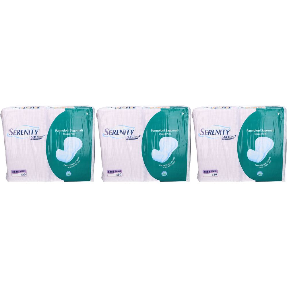 Tre confezioni di Serenity Softdry+ Pannolone per incontinenza. Ogni confezione mostra un prodotto bianco con design verde e informazioni.