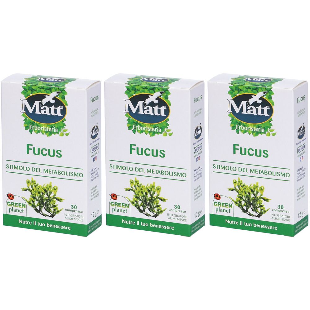 Tre scatole bianche con il nome del prodotto Fucus. Ogni scatola riporta "Matt Erboristeria" e "STIMOLO DEL METABOLISMO".