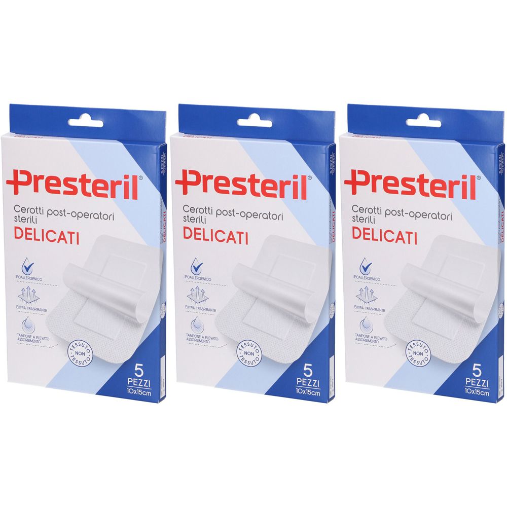 Tre confezioni di medicazioni Presteril. Scritta: Cerotti post-operatori sterili delicati. Ogni confezione contiene 5 pezzi.