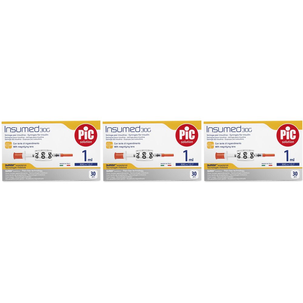 Tre confezioni di Insumed 30G. Ogni confezione contiene una siringa da 1 ml. Il logo PIC Solutions è presente su ogni confezione.
