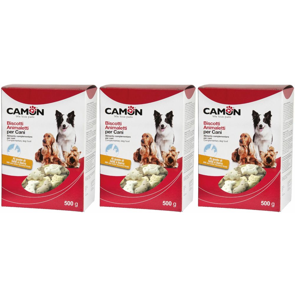 Tre scatole di biscotti per cani. Scritto: CAMON, Biscotti Animaletti per Cani, 500 g. Immagine di cani e biscotti.