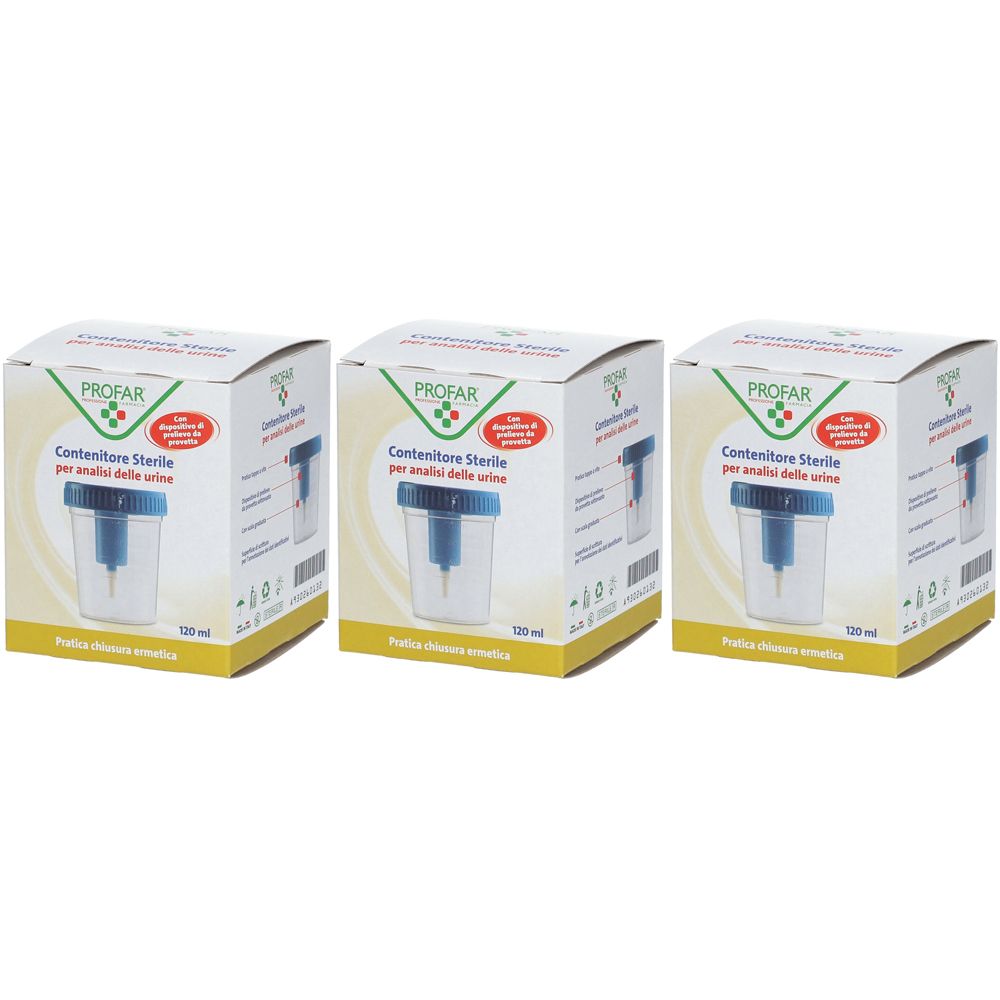 Tre confezioni di contenitori sterili per l'analisi delle urine. Ogni confezione riporta "PROFAR" e "Contenitore Sterile per analisi delle urine".