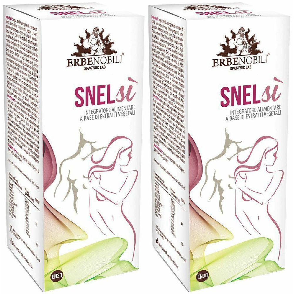 Due scatole bianche con nome prodotto SNELsi e logo ERBENOBILI. Stampa con testo e illustrazioni di persone.