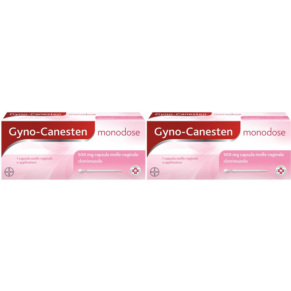 Due confezioni di Gyno-Canesten Monodose. Scatole rosa e bianche con logo rosso. Contiene capsule vaginali e applicatore.
