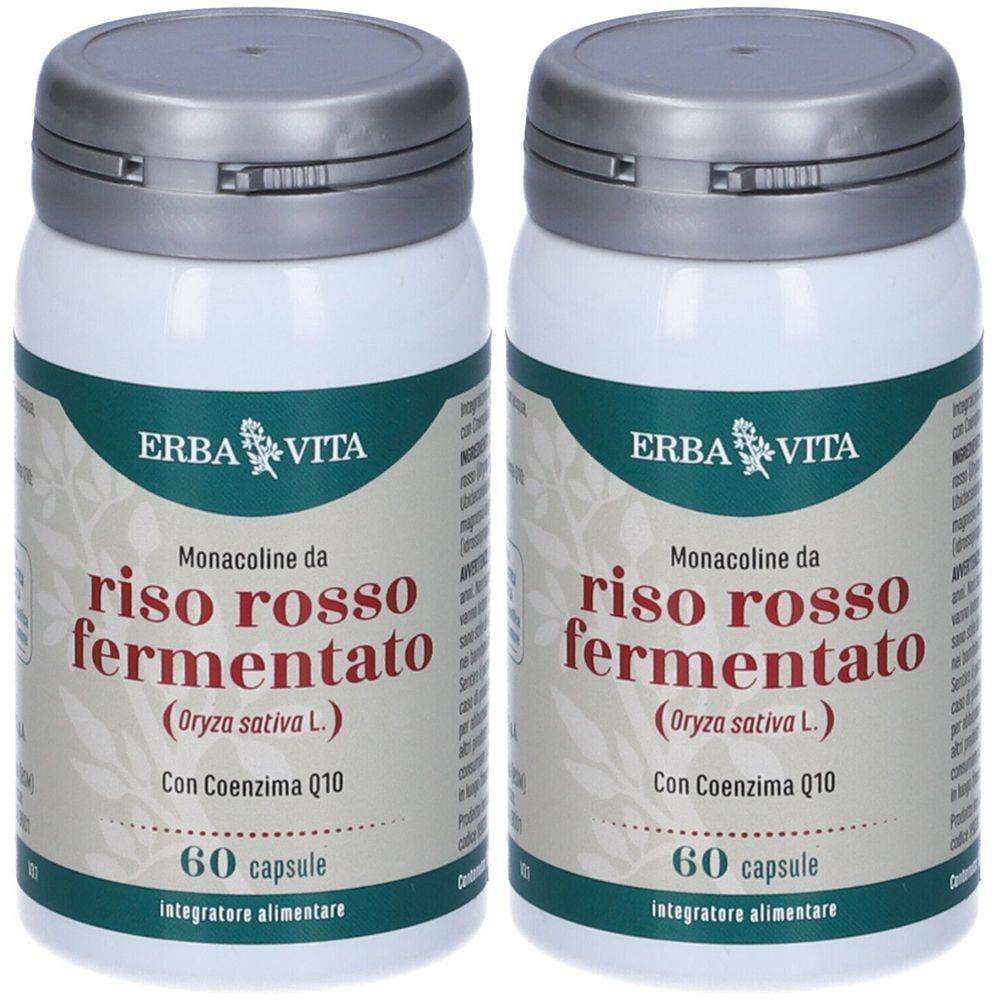 Due flaconi bianchi con coperchi grigi. Scritta: Erba Vita, Riso Rosso Fermentato, 60 capsule.