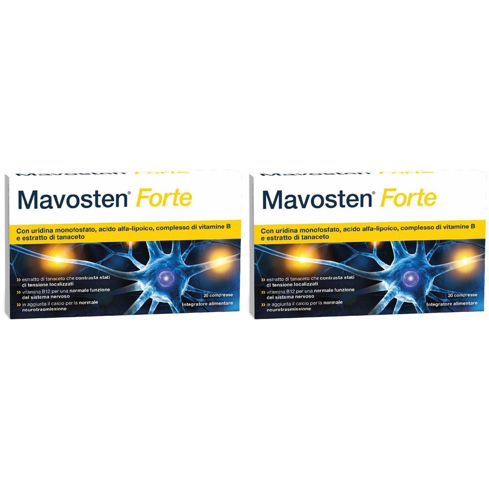 Due scatole con scritto "Mavosten Forte". Scritta con ingredienti e 20 compresse. Sfondo con cellule nervose.
