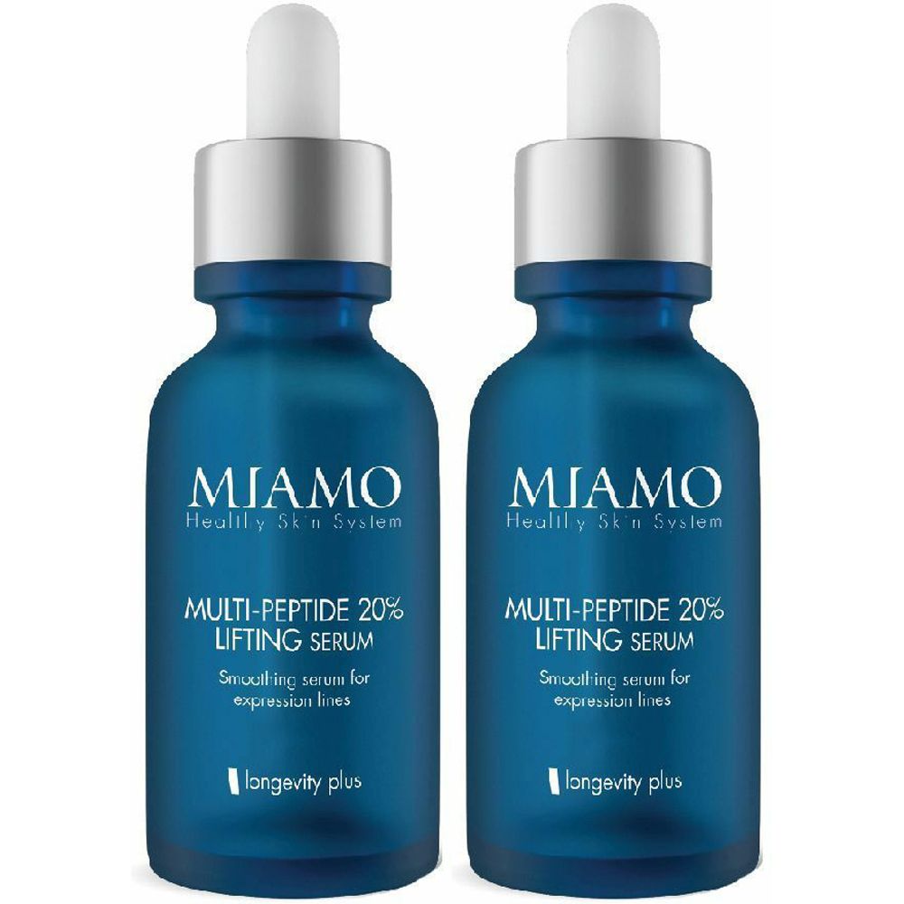 Due flaconi blu di siero. Scritta: MIAMO, Multi-Peptide 20% Lifting Serum. Con contagocce e tappo argentato.