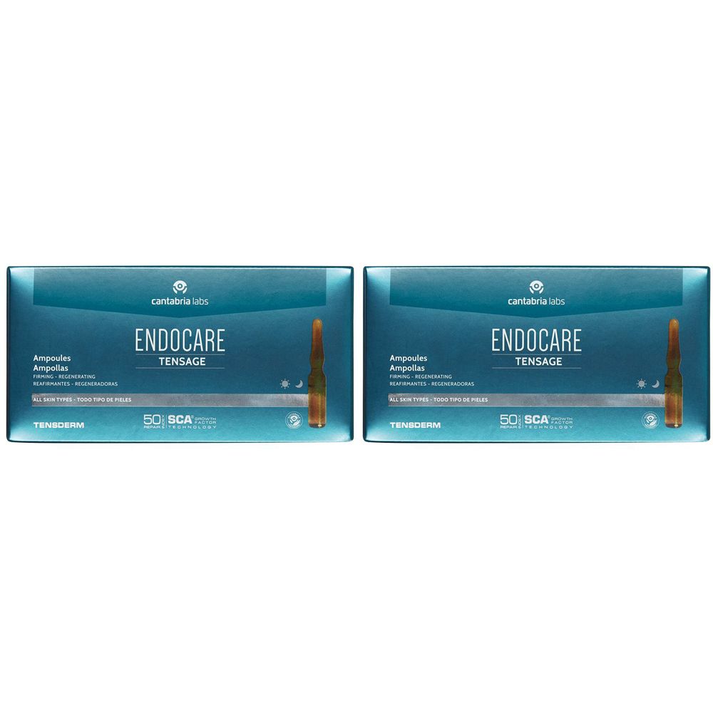 Due scatole di fiale "Endocare Tensage". Confezione blu con nome del prodotto e immagine delle fiale.