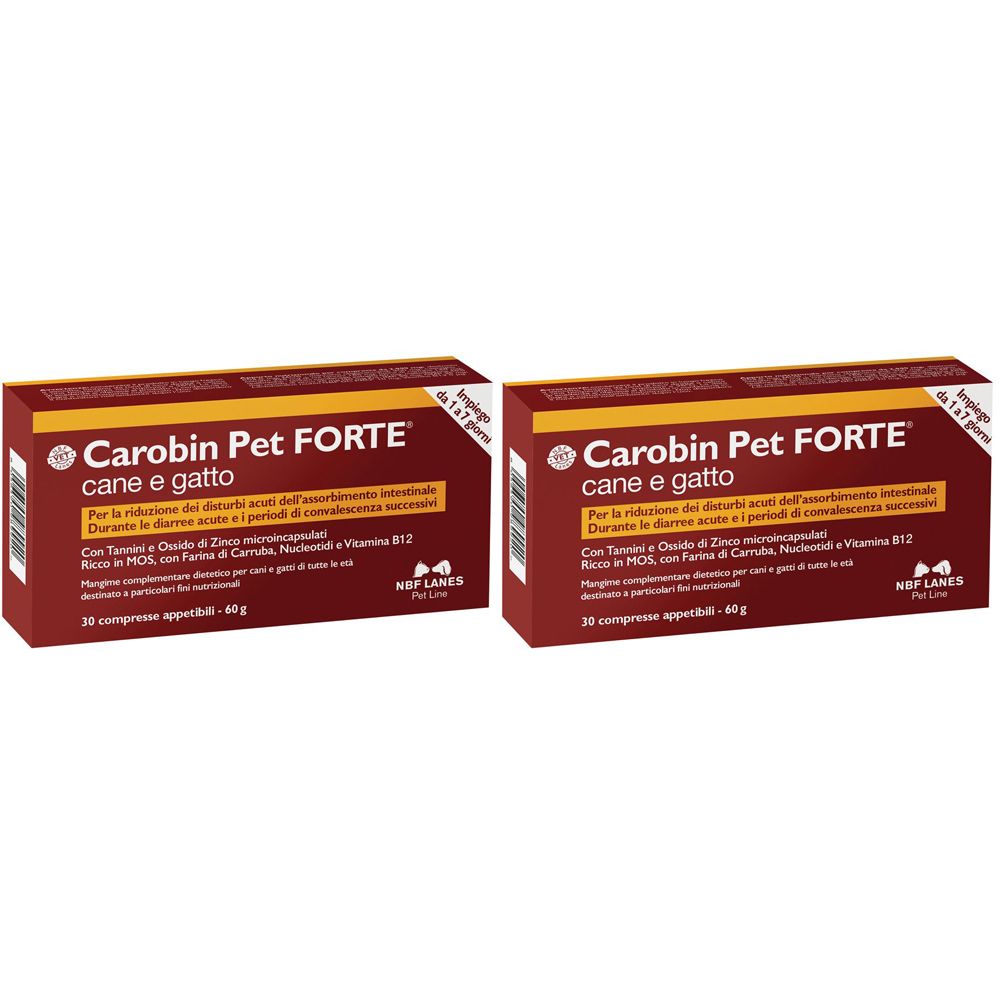 Due scatole rettangolari marroni. Scritta: Carobin Pet FORTE, cane e gatto. Testo in italiano. 30 compresse.