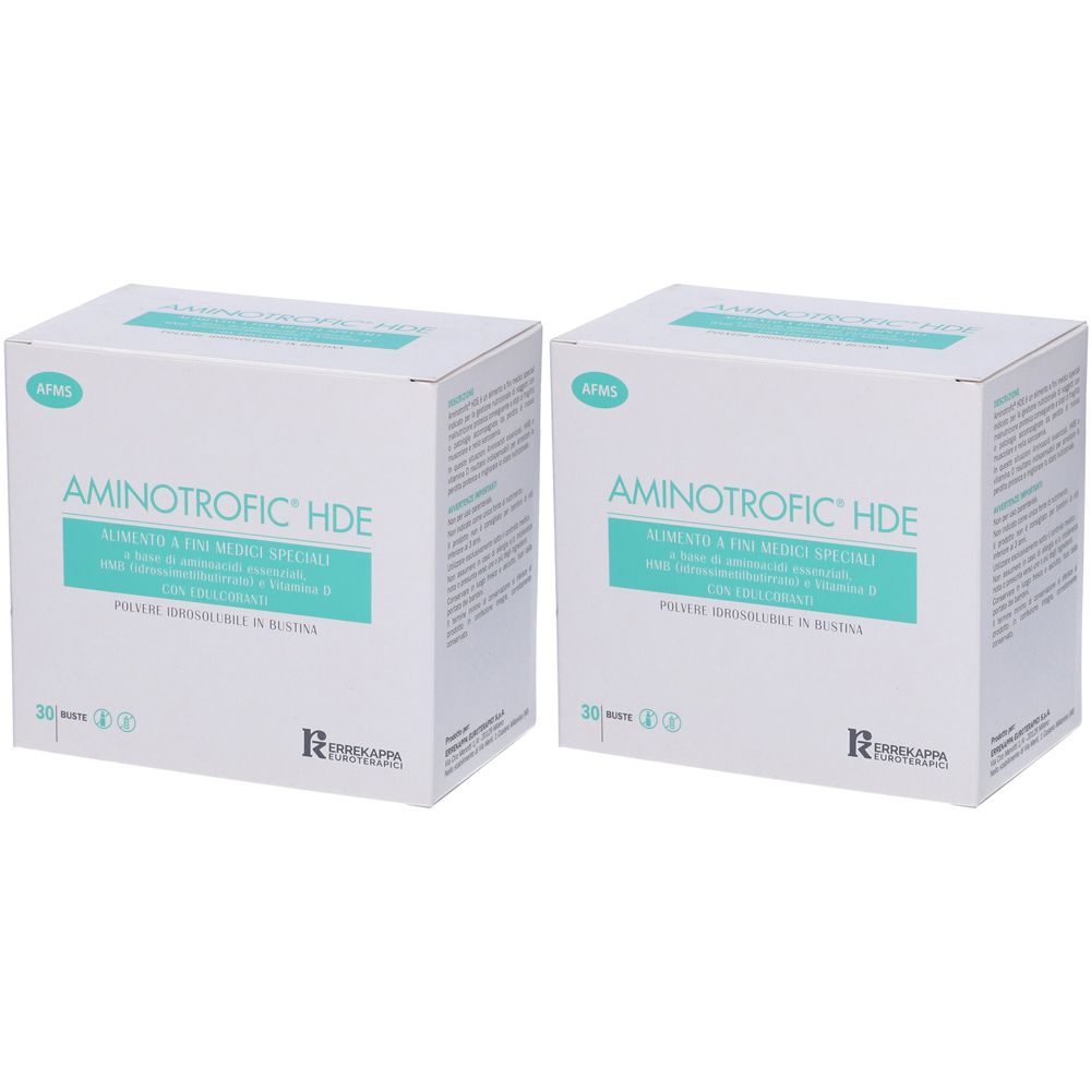Due scatole bianche con AMINOTROFIC HDE in turchese. Logo ROTTAPHARM. Contiene 30 bustine.